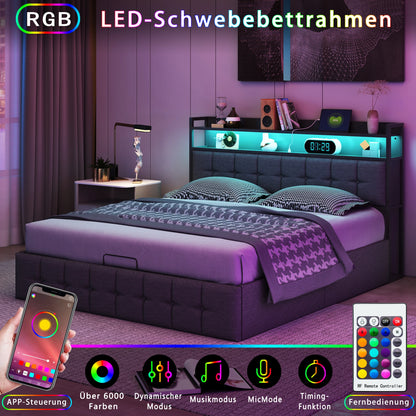 Rosahqnda cushion bed Padded Hydraulic bed frame Grey Pu Linen Headboard Linen Fabric Without Mattress - Kimlud