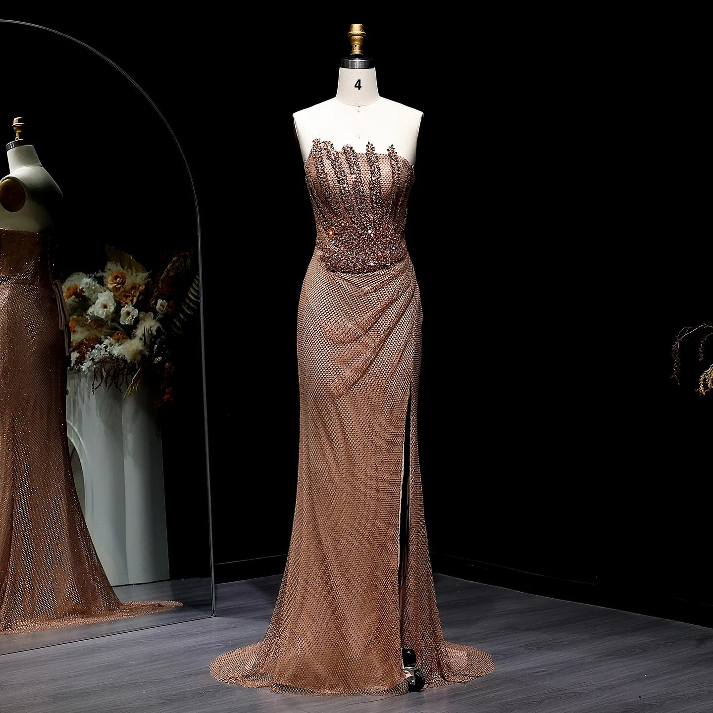 Sharon Said Stunning Crystal Dubai Caramel Mermaid Evening Dress with Slit for Luxury Wedding Prom Party Gowns SS528 Customized - Kimlud