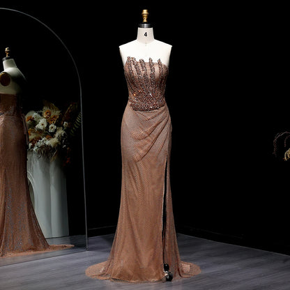 Sharon Said Stunning Crystal Dubai Caramel Mermaid Evening Dress with Slit for Luxury Wedding Prom Party Gowns SS528 Customized - Kimlud