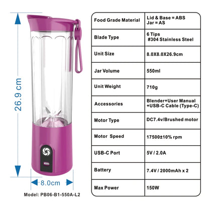 Wholesales Mini Blender 550ML USB Rechargeable Portable Juicer Small Home Appliances Kitchen Mixer Protein Powder Shake Bottle