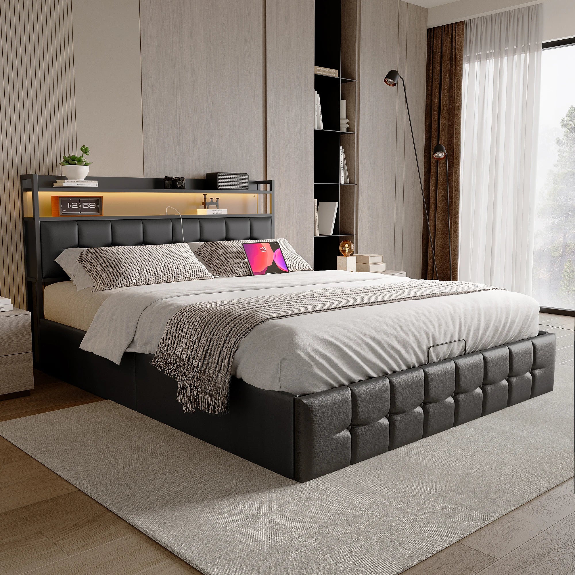 Rosahqnda cushion bed Padded Hydraulic bed frame Grey Pu Linen Headboard Linen Fabric Without Mattress | Kimlud Modern...