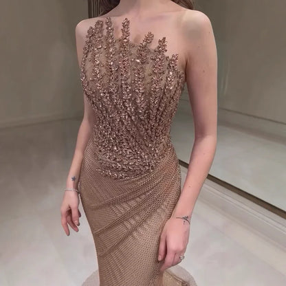 Sharon Said Stunning Crystal Dubai Caramel Mermaid Evening Dress with Slit for Luxury Wedding Prom Party Gowns SS528 Customized - Kimlud