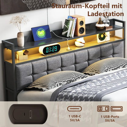 Rosahqnda cushion bed Padded Hydraulic bed frame Grey Pu Linen Headboard Linen Fabric Without Mattress | Kimlud Modern...