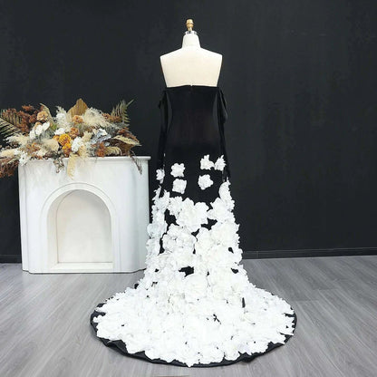Sharon Said Luxury Dubai Black Velvet Strapless Evening Dress with Gloves 3D Flowers Women Wedding Party Gowns SS248 Customized