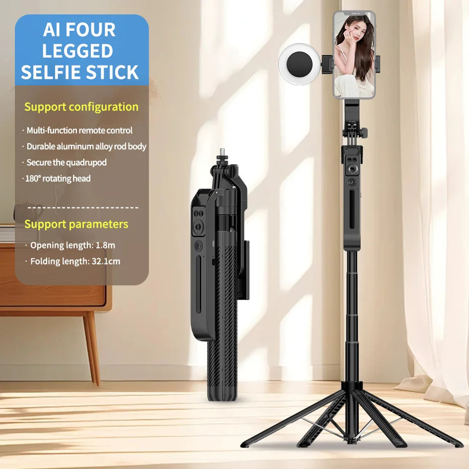 C12 1.8M Selfie Tripod for Cell Phone 360°Auto-Rotation AI Tracking Shooting Quadrapod with Remote Control Mobile phone holder
