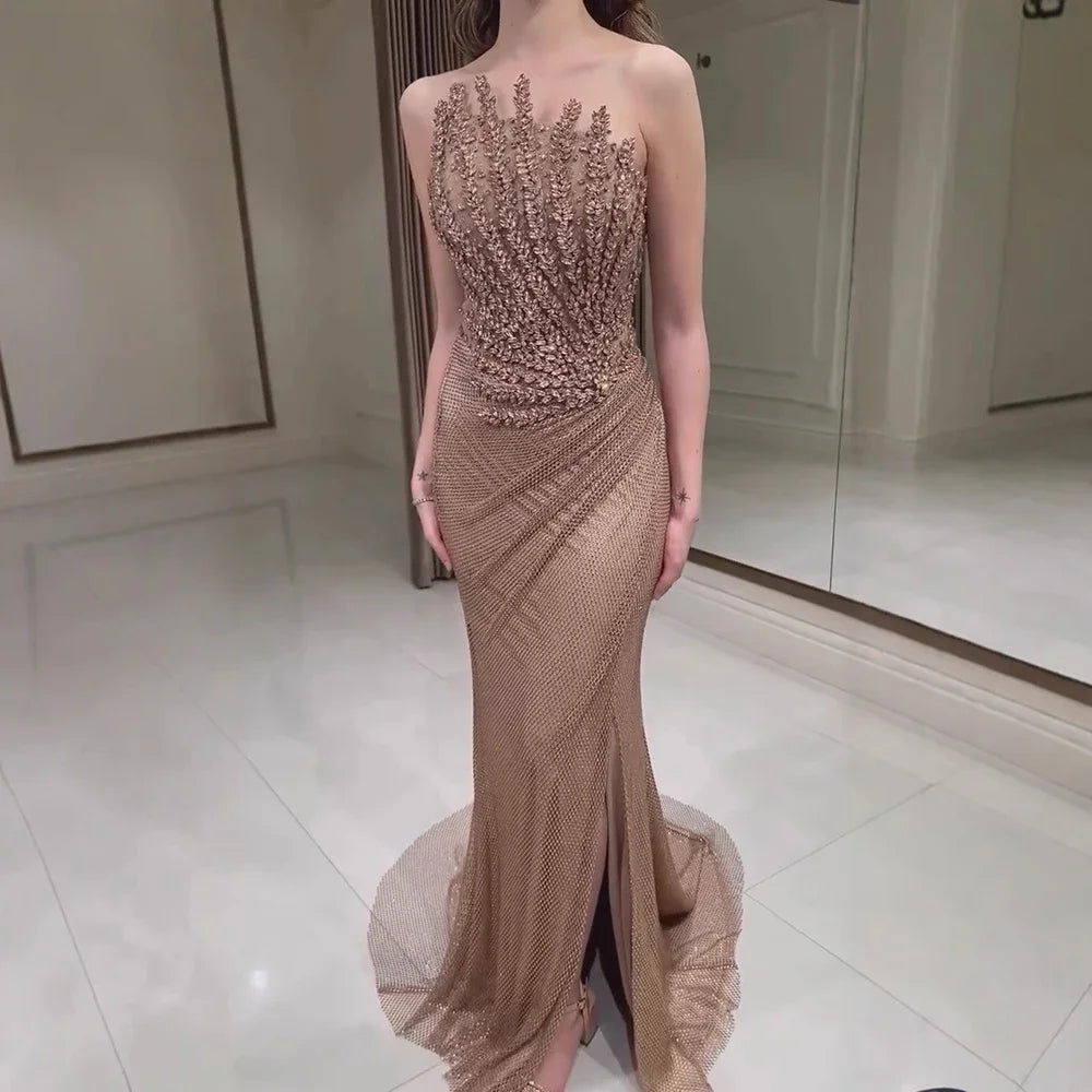 Sharon Said Stunning Crystal Dubai Caramel Mermaid Evening Dress with Slit for Luxury Wedding Prom Party Gowns SS528 Customized - Kimlud