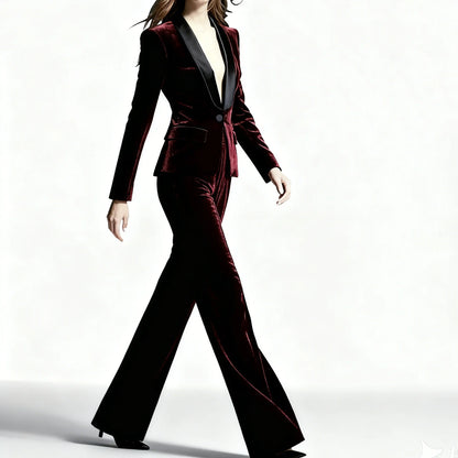 Burgundy Velvet Women's suit 2 Pcs Shawl Lapel Blazer+Pants Velour Prom Suit Wedding Tuxedos Pant Sets