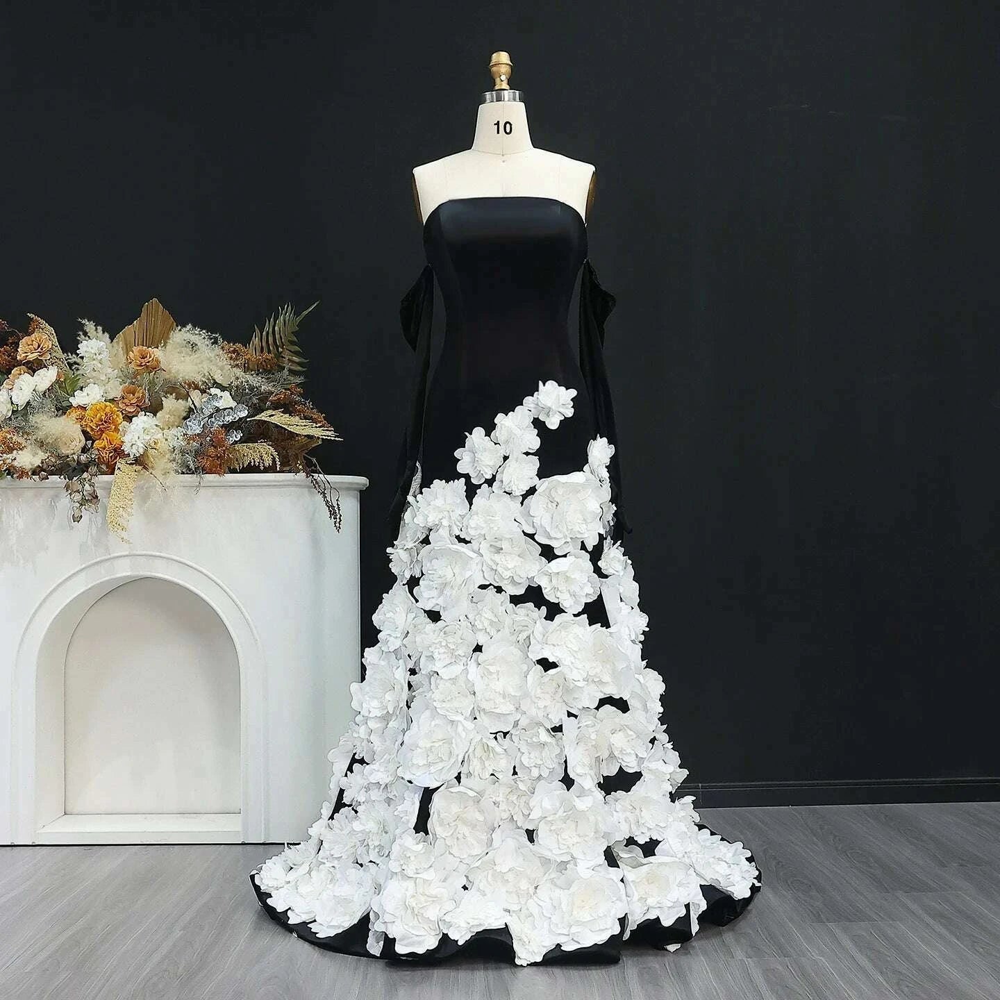 Sharon Said Luxury Dubai Black Velvet Strapless Evening Dress with Gloves 3D Flowers Women Wedding Party Gowns SS248 Customized