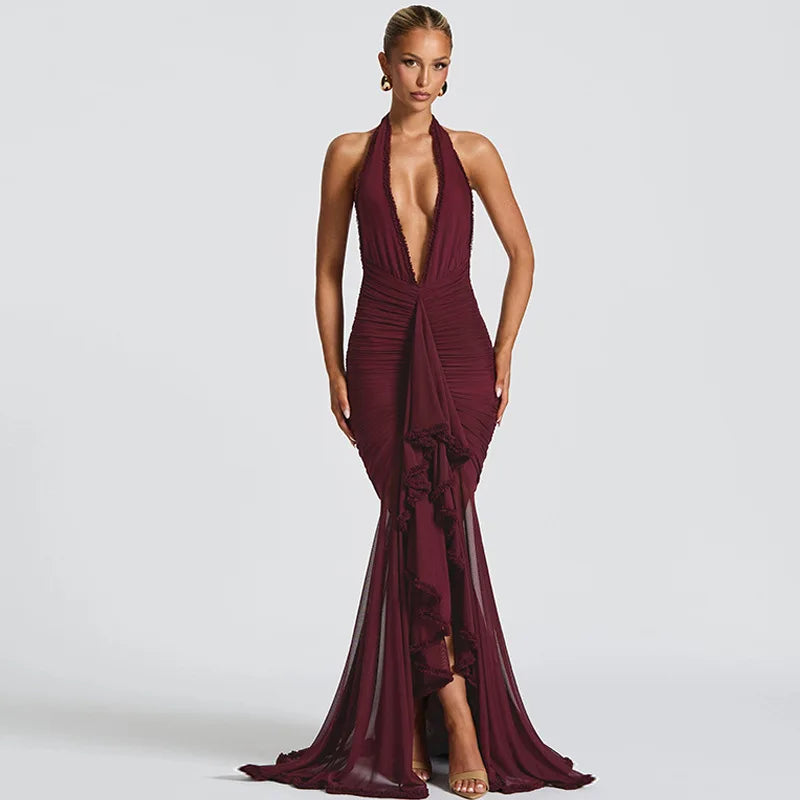 Elegant High-End Flowy Tulle Maxi Evening Gown with Ultra-Deep V-Neck & Backless Design Sexy Allure