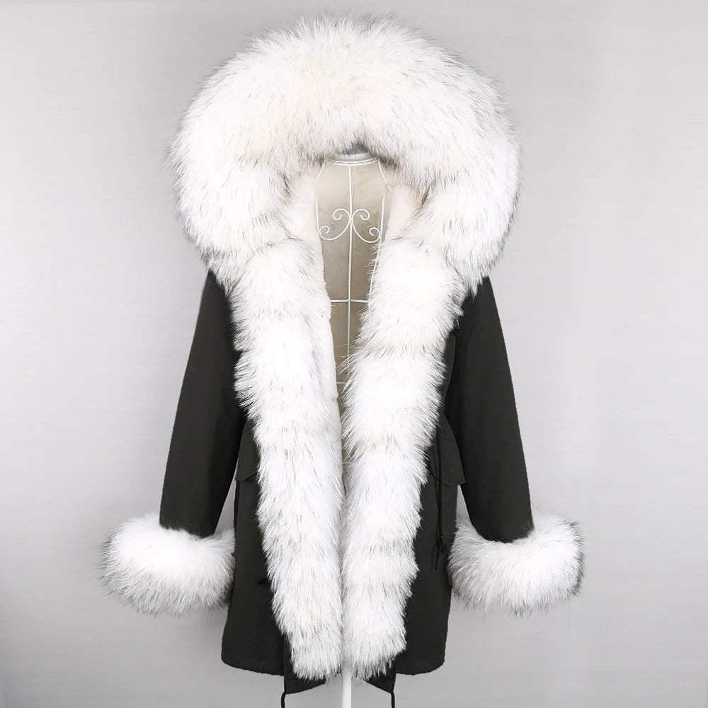 2024 Winter Jacket Women Natural Raccoon Fur Collar  Real Fur Coat Color matching Hood Cuffs Thick Warm Outerwear New Long Parka