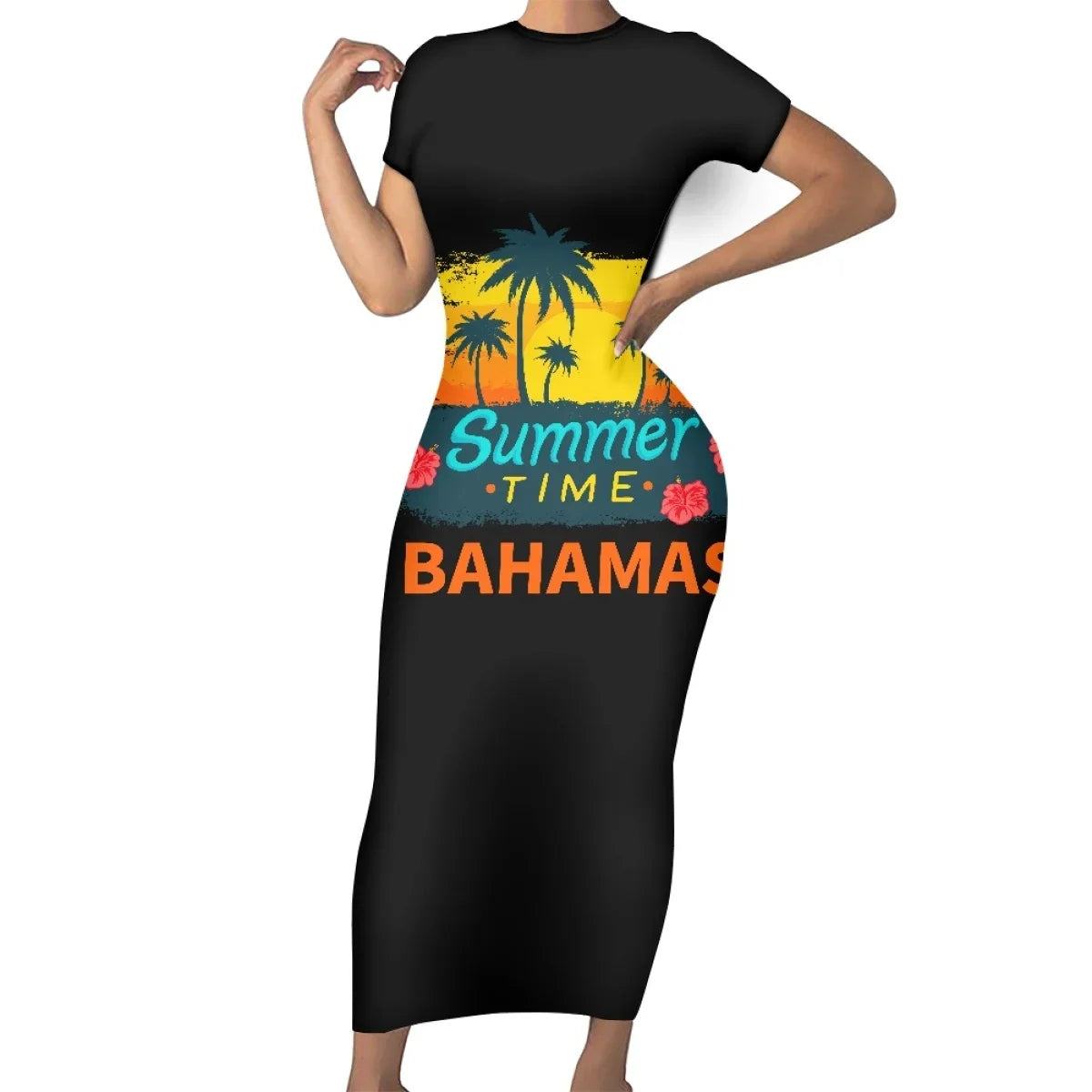 High Quality Custom Caribbean Island Print Elegant Plus Size Women's Dresses Casual Babados Bahamas Design Bodycon Dress Women