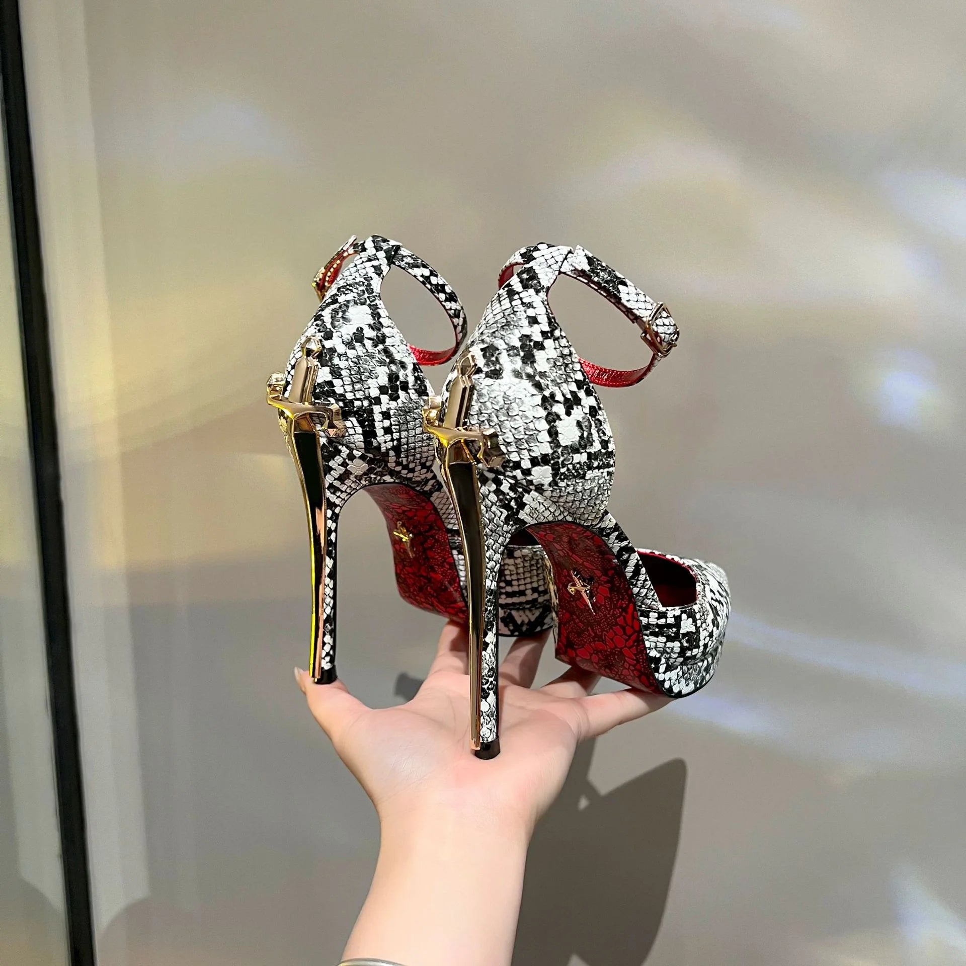 2026 New Model Gold Super High Stiletto Heel Red Sole Women's Royal Lady Style Pointed Toe Patent Leather Strap Sandals - Kimlud