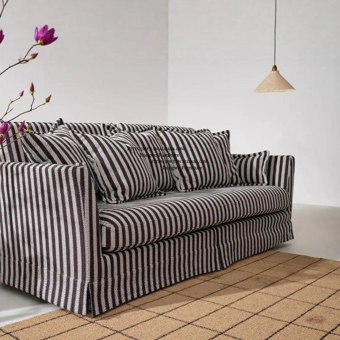 North European and American Style Rural Linen Striped Fabric Three Seater Sofa, Fully Disassembled and Washed Furniture...