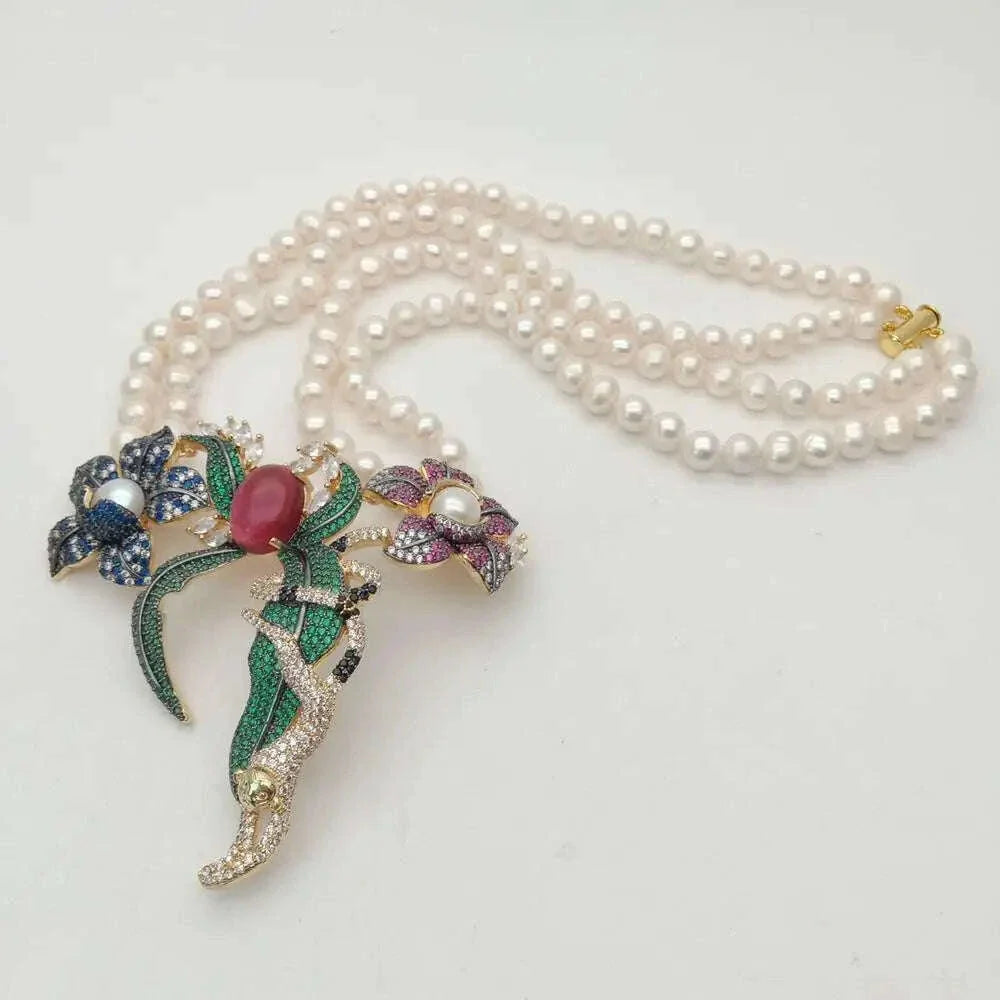 21" 2 Rows White Round freshwater Pearl Necklace  cz pave annimal  flower monkey gold color plated Pendant luxury wedding