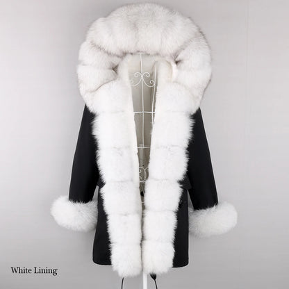 2024 Winter Jacket Women Natural Raccoon Fur Collar  Real Fur Coat Color matching Hood Cuffs Thick Warm Outerwear New Long Parka