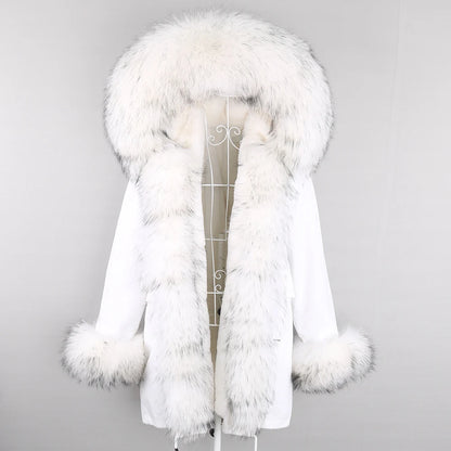 2024 Winter Jacket Women Natural Raccoon Fur Collar  Real Fur Coat Color matching Hood Cuffs Thick Warm Outerwear New Long Parka
