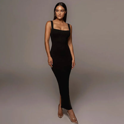 2021 Custom logo Fall Women Office Formal Dresses square Neck Sleeveless tank Bodycon Pencil Ribbed Knitted Dresses