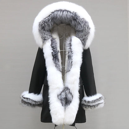 2024 Winter Jacket Women Natural Raccoon Fur Collar  Real Fur Coat Color matching Hood Cuffs Thick Warm Outerwear New Long Parka