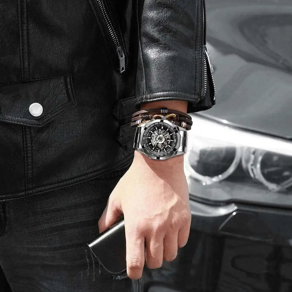 Forsining 2021 Stainless Steel Waterproof Mens Skeleton Watches Top Brand Luxury Transparent Mechanical Sport Male Wrist Watches - Kimlud