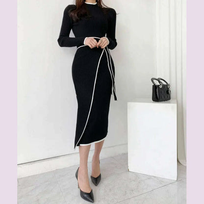 New Retro Knitted Bodycon Dress Women Korean Fashion Autumn Winter Half High Collar Lace Up Elegant Sweater Dresses Vestidos