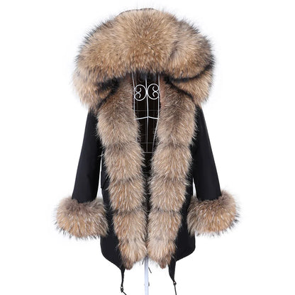 MAOMAOKONG 2024 Winter Women Coat Natural Fox Fur Collar Cuff Black Jackets Outwear Thick Luxury Real Fur Parka Women's Fur Coat