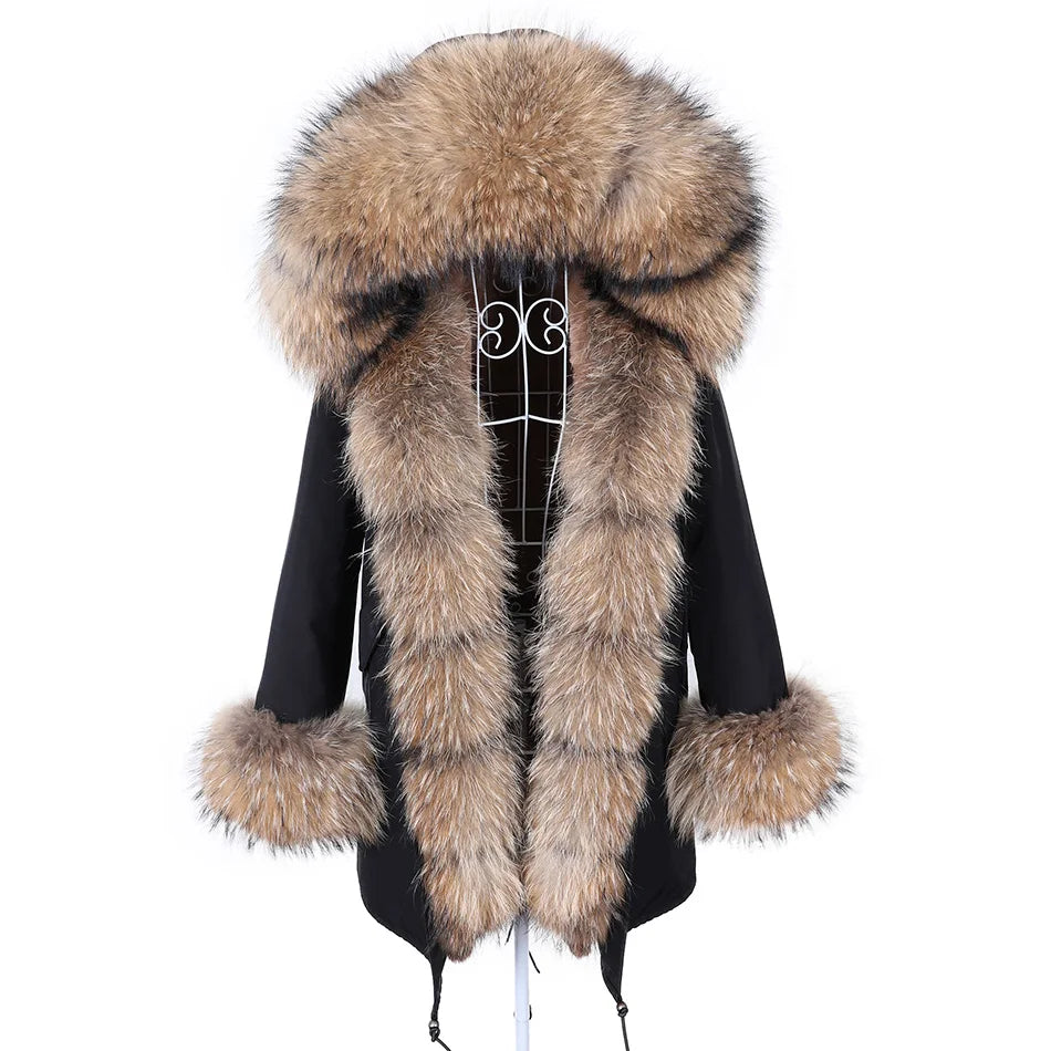 MAOMAOKONG 2024 Winter Women Coat Natural Fox Fur Collar Cuff Black Jackets Outwear Thick Luxury Real Fur Parka Women's Fur Coat