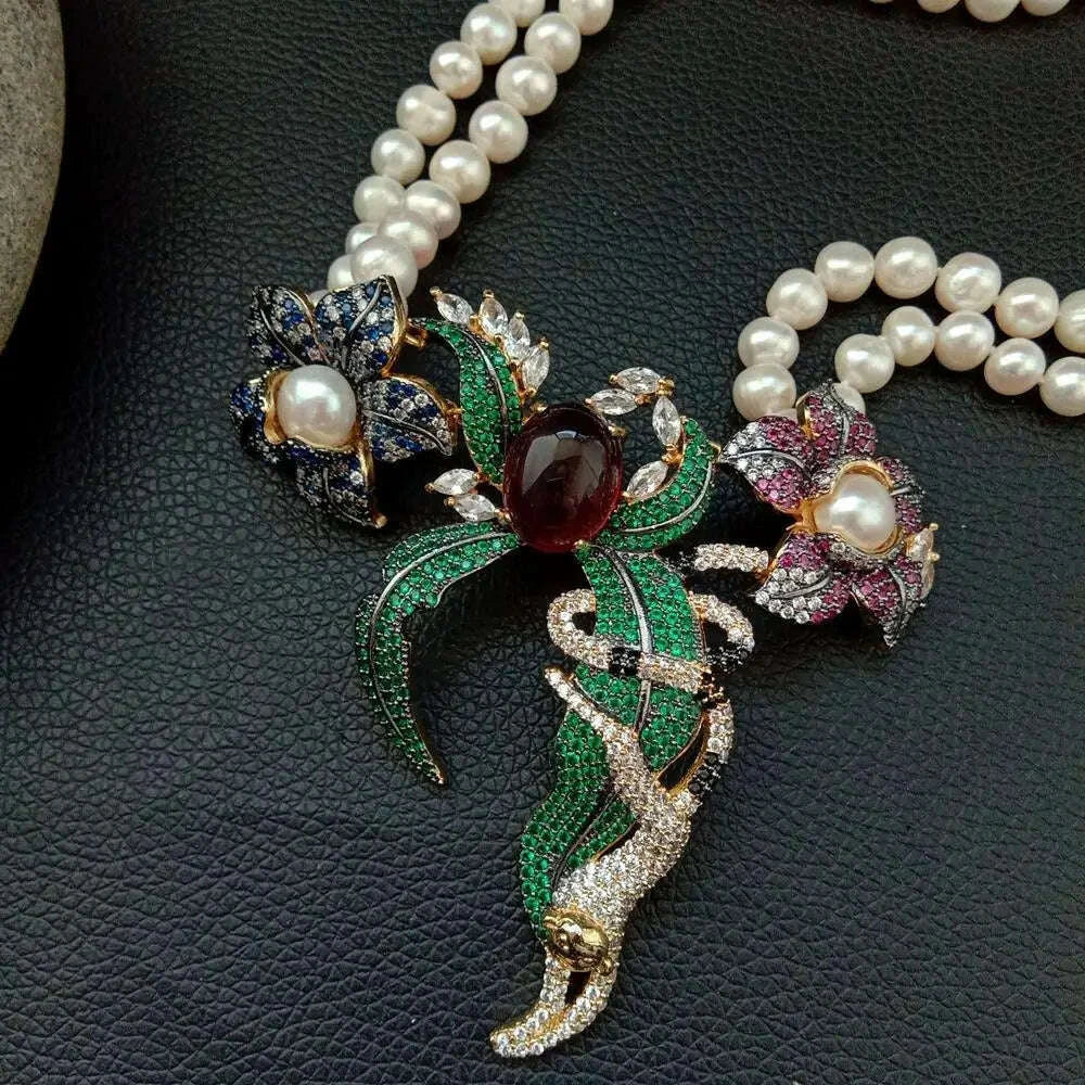 21" 2 Rows White Round freshwater Pearl Necklace  cz pave annimal  flower monkey gold color plated Pendant luxury wedding