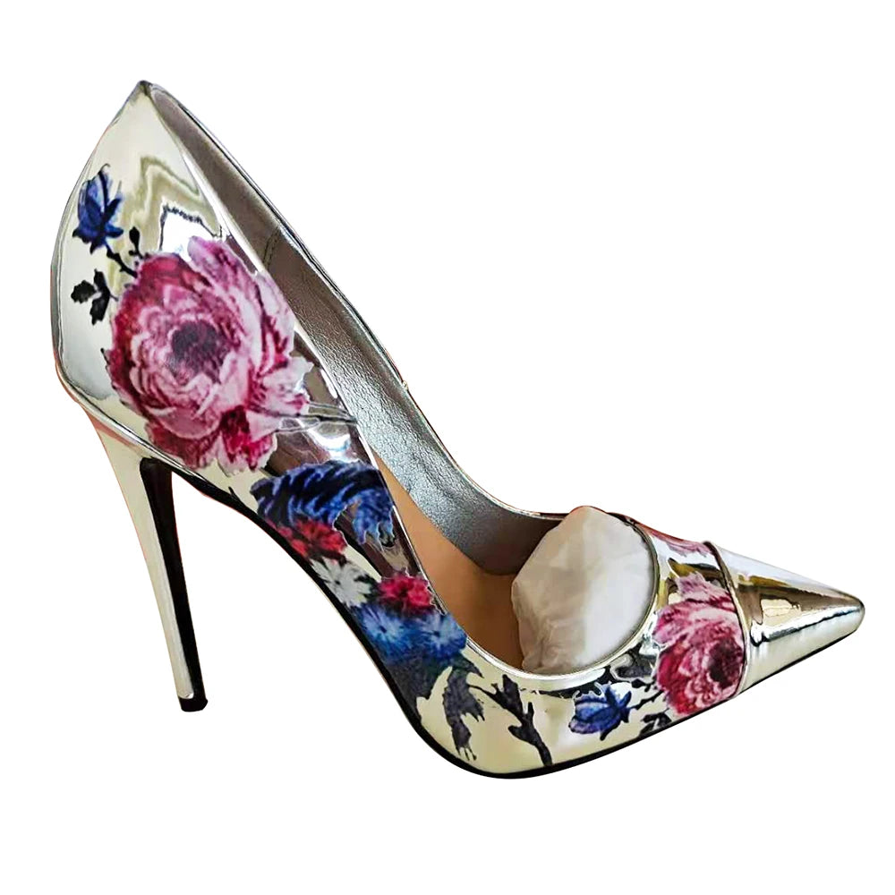 Luxury Fashion Women Pointed Toe Silver Patent Leather 3D Print Flower High Heels Party Pumps - Kimlud