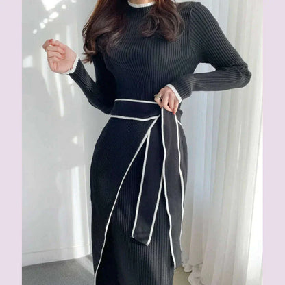 New Retro Knitted Bodycon Dress Women Korean Fashion Autumn Winter Half High Collar Lace Up Elegant Sweater Dresses Vestidos