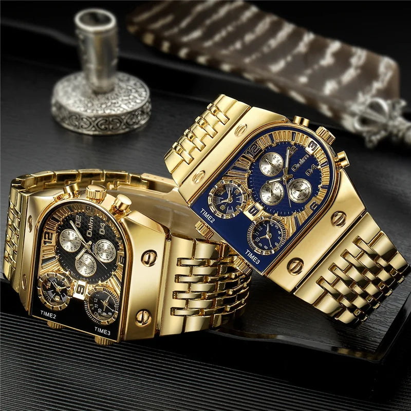 2024 New Oulm Quartz Watches Men Military Wristwatch Luxury Brand Golden Stainless Steel Male Watch Big Relogio Masculino