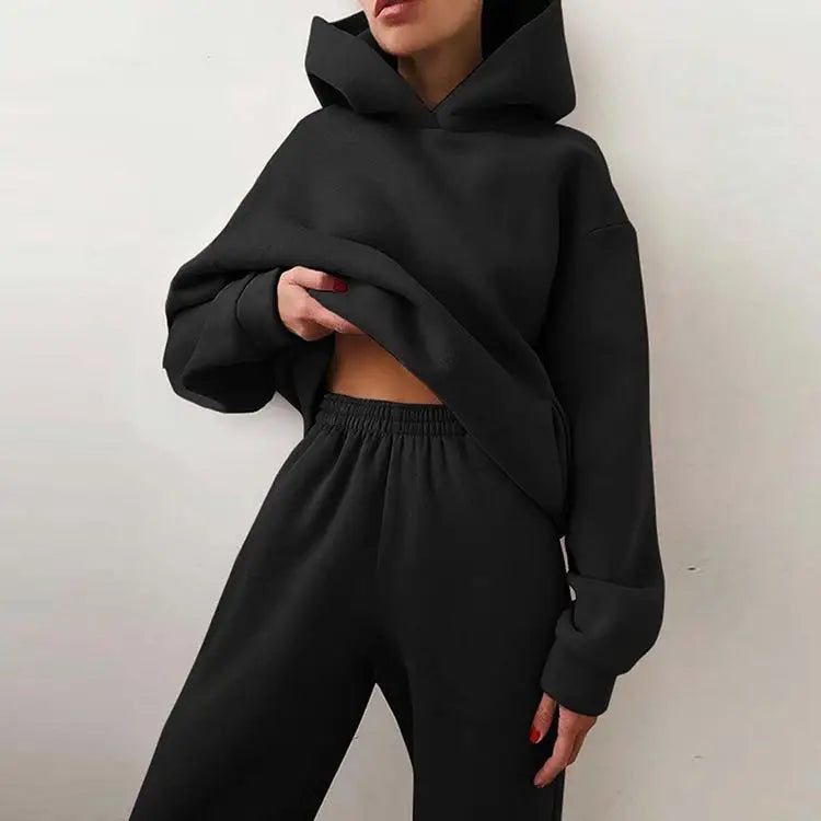Women Hoodies + Pants Tracksuit Two Piece Set Casual Fleece Hooded Long Sleeve Tops Pants Autumn Winter Solid Color Suits