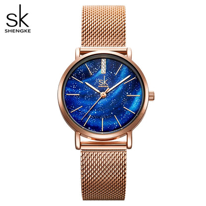 Shengke Women Watches Starry Green Dial Mesh Band Ladies Wristwatch Ultra-thin Stainless Steel Strap Quartz Montre Femme Gift