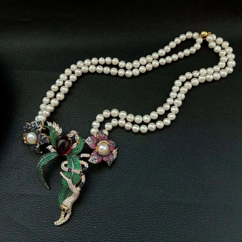 21" 2 Rows White Round freshwater Pearl Necklace  cz pave annimal  flower monkey gold color plated Pendant luxury wedding