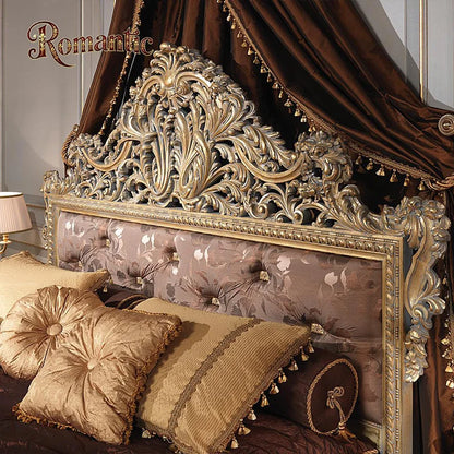 French Classical Style Solid Wood Bedroom Furniture Set with Antique Gold Leaf Decoration and Luxurious Antique Bed - Kimlud