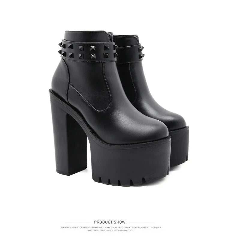 Gothic Black Ankle Boots For Women Plus High Heel Female Shoes Lace-Up Nigh Club Black Sexy Rivets Short Bootsrd5