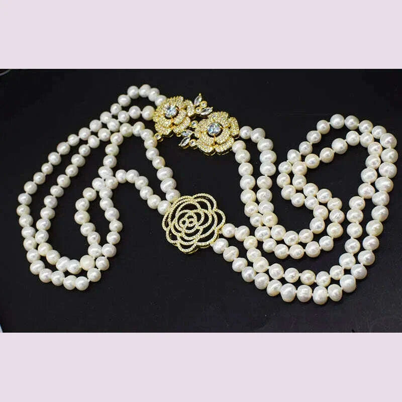 2ROWS freshwater pearl WHITE/GRAY ROUND 8-9MM necklace 24-26" FPPJ wholesale for woman gift