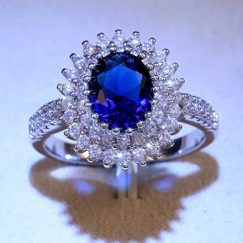 CAOSHI Luxury Blue Crystal Stone Rings with Tiny Flower Cubic Zirconia Pretty Women's Jewelry Elegant Engagement Accessories