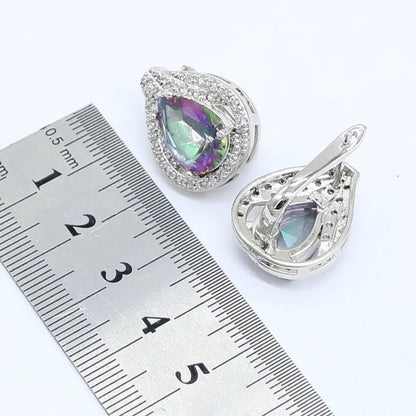 925 Stamp Jewelry Sets For Women Multi Color Rainbow Zircon Bracelet Hoop Earrings Rings Necklace Pendant Wedding Gift Box