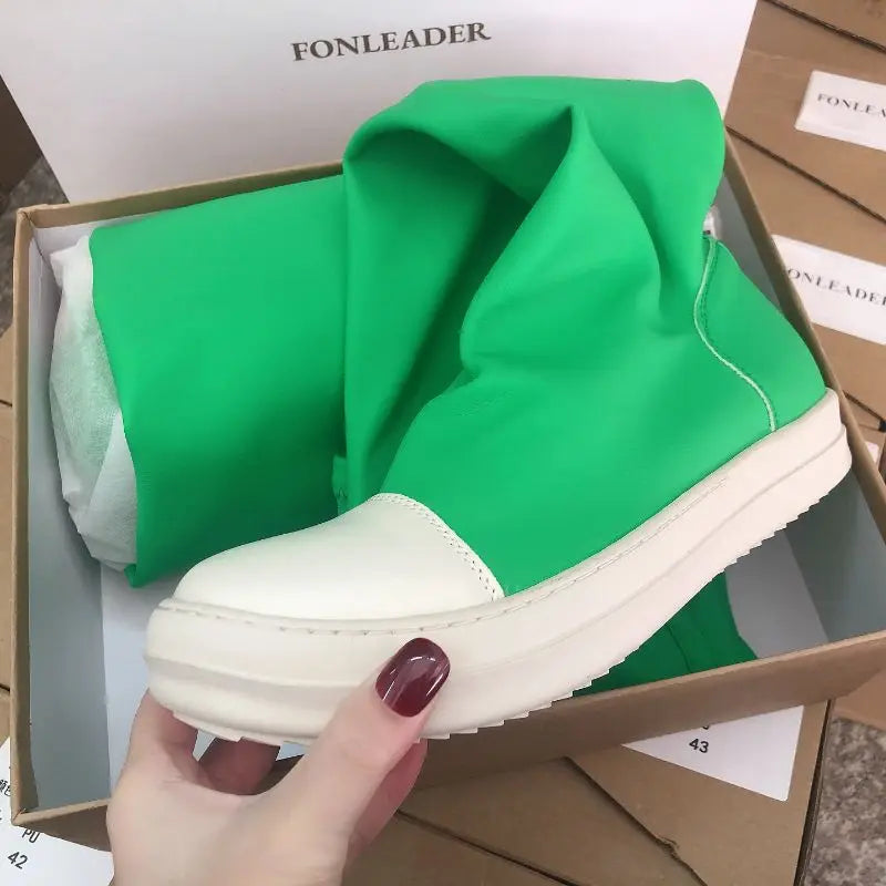 Green/Orange 2025 Botas Largas  Leather Over Knee High Flat Boots for Women