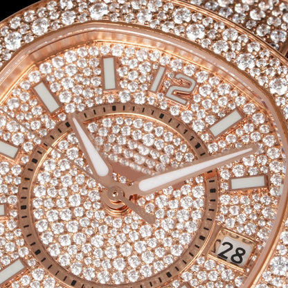 Men's Rose Tone Full Diamond Wristwatch Pillow Case Design Dense Stone Setting Date Display Stylish High End Luxury Timepiece