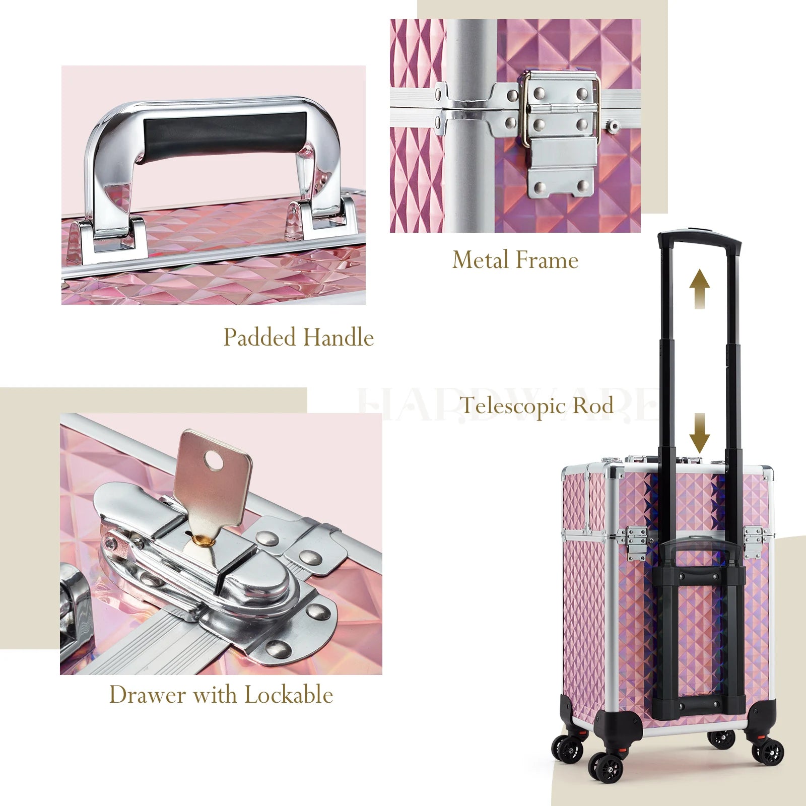 2025 Portable Makeup Case with Large Capacity Drawer Open Closure Train Case Trolley Organizer for Beauty Professionals