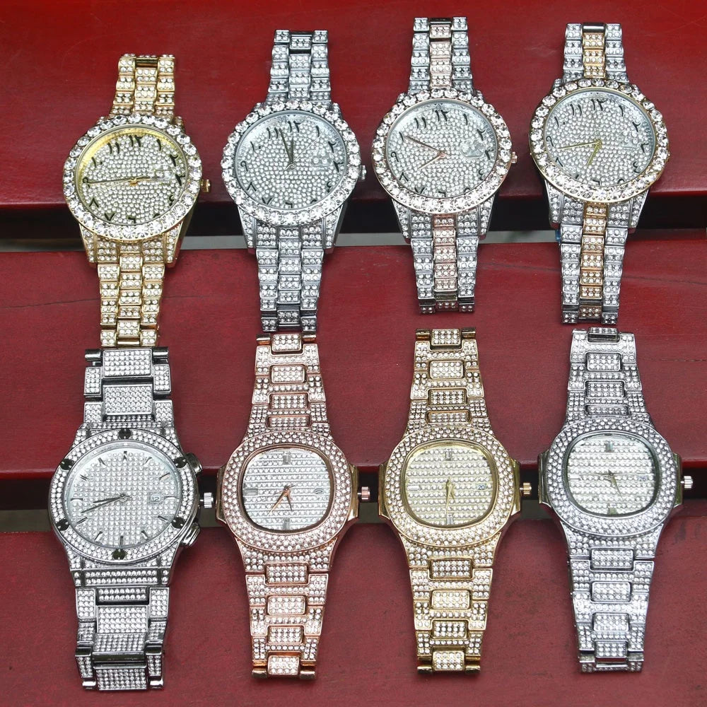 Brand Hip Hop 18k Gold Plated Steel CZ Diamond Wrist Men Watches