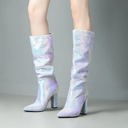 Bling New Botas Alto Chunky Heel Shoes 2025 Knee-High Women Boots