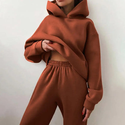 Women Hoodies + Pants Tracksuit Two Piece Set Casual Fleece Hooded Long Sleeve Tops Pants Autumn Winter Solid Color Suits