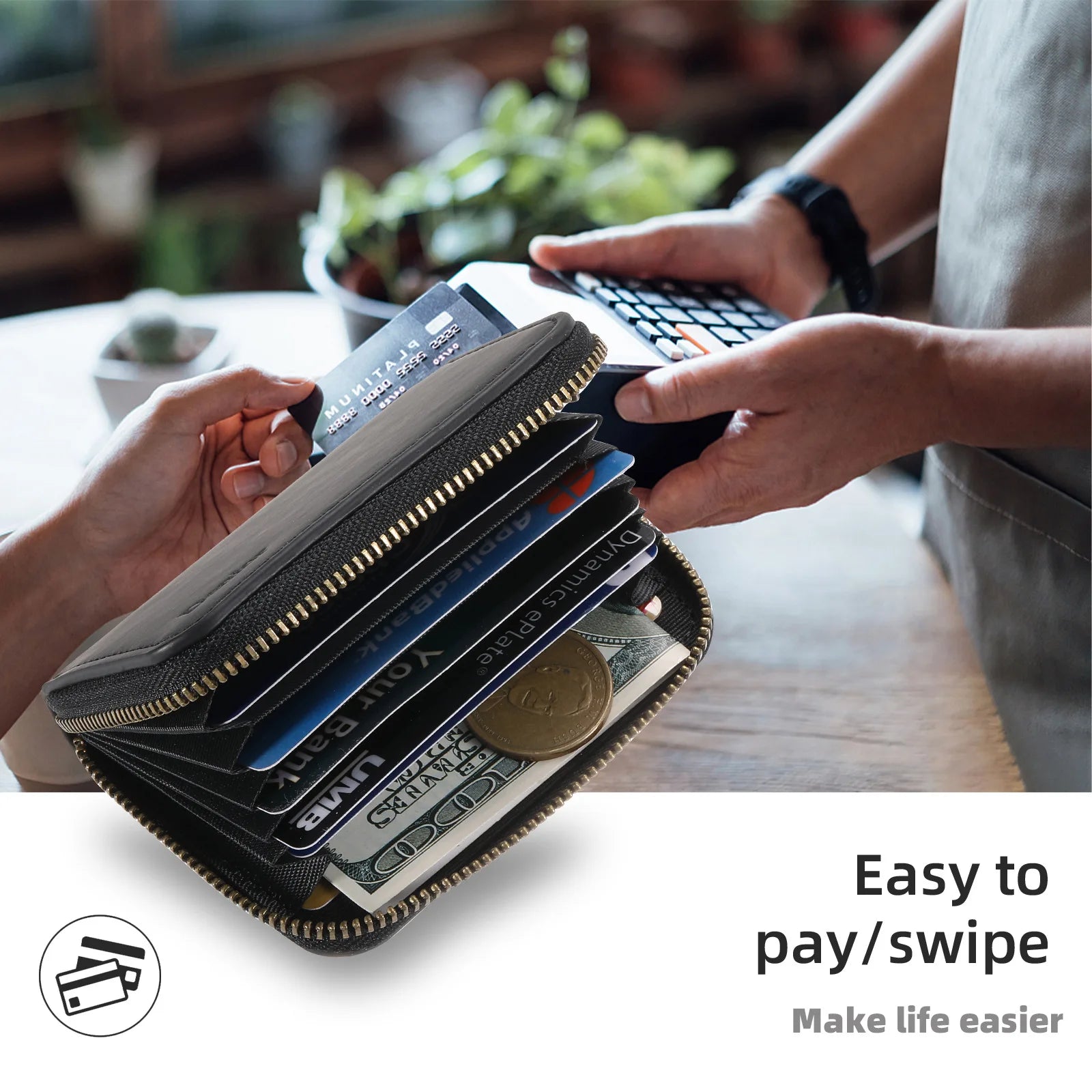 Denior | RFID-Blocking Zipper Wallet with Multiple Card Slots | Faux Leather | Strong Magnetic ID Credit Card Holder Money Bag