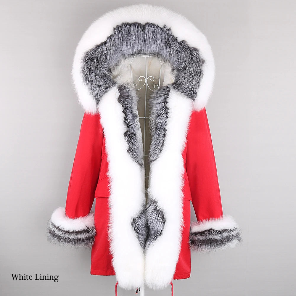 2024 Winter Jacket Women Natural Raccoon Fur Collar  Real Fur Coat Color matching Hood Cuffs Thick Warm Outerwear New Long Parka