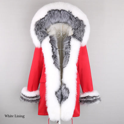 2024 Winter Jacket Women Natural Raccoon Fur Collar  Real Fur Coat Color matching Hood Cuffs Thick Warm Outerwear New Long Parka