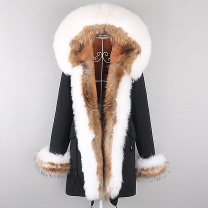 2024 Winter Jacket Women Natural Raccoon Fur Collar  Real Fur Coat Color matching Hood Cuffs Thick Warm Outerwear New Long Parka