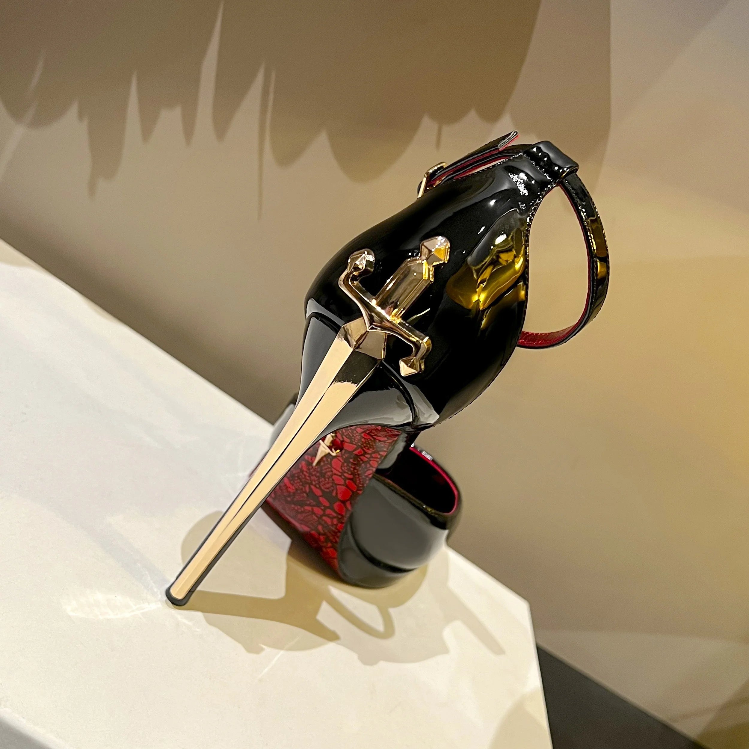 2026 New Model Gold Super High Stiletto Heel Red Sole Women's Royal Lady Style Pointed Toe Patent Leather Strap Sandals - Kimlud