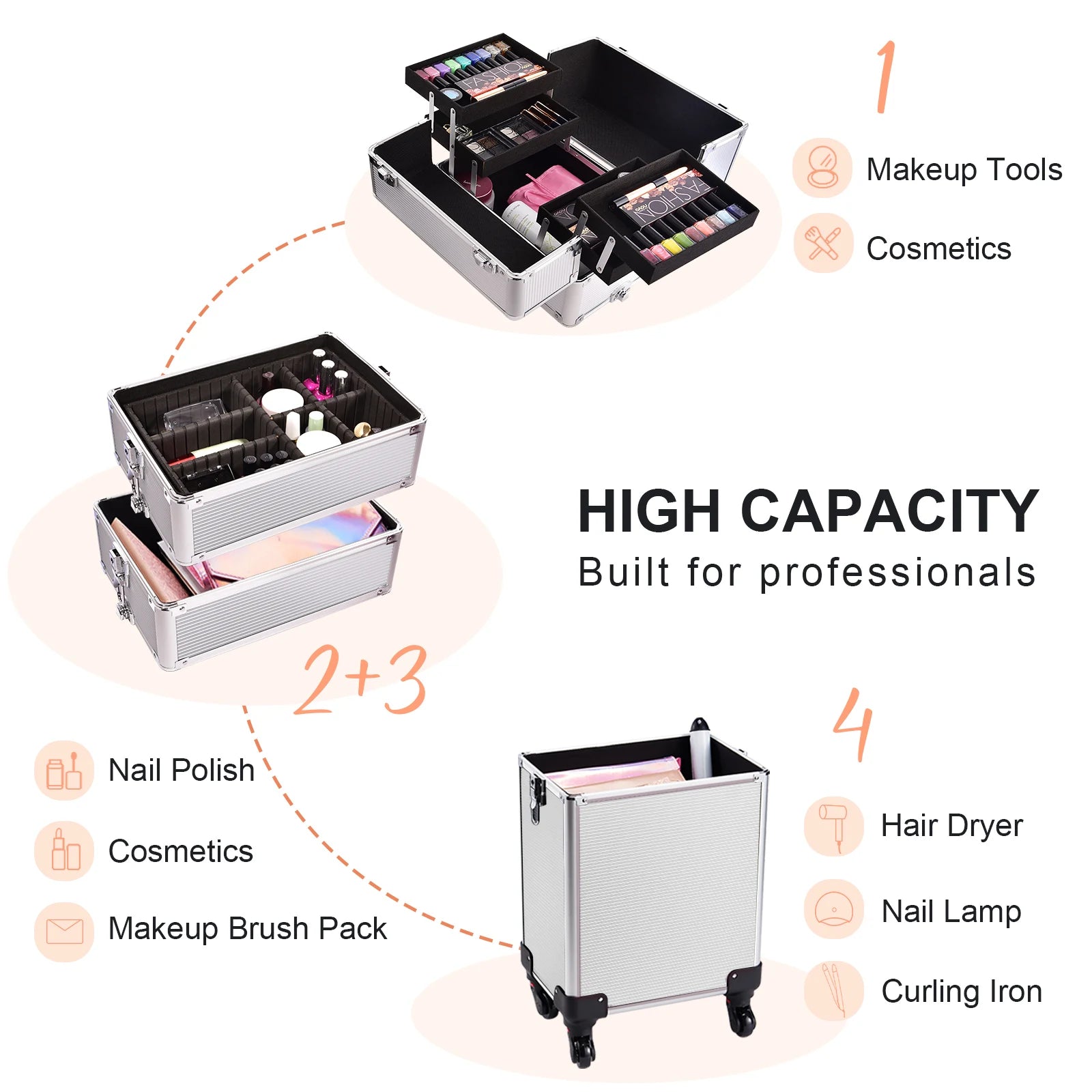 Hot Selling Professional Large 4-in-1 Rolling Makeup Case Eco-Friendly Aluminum Practical Lockable Train Extendable Portable